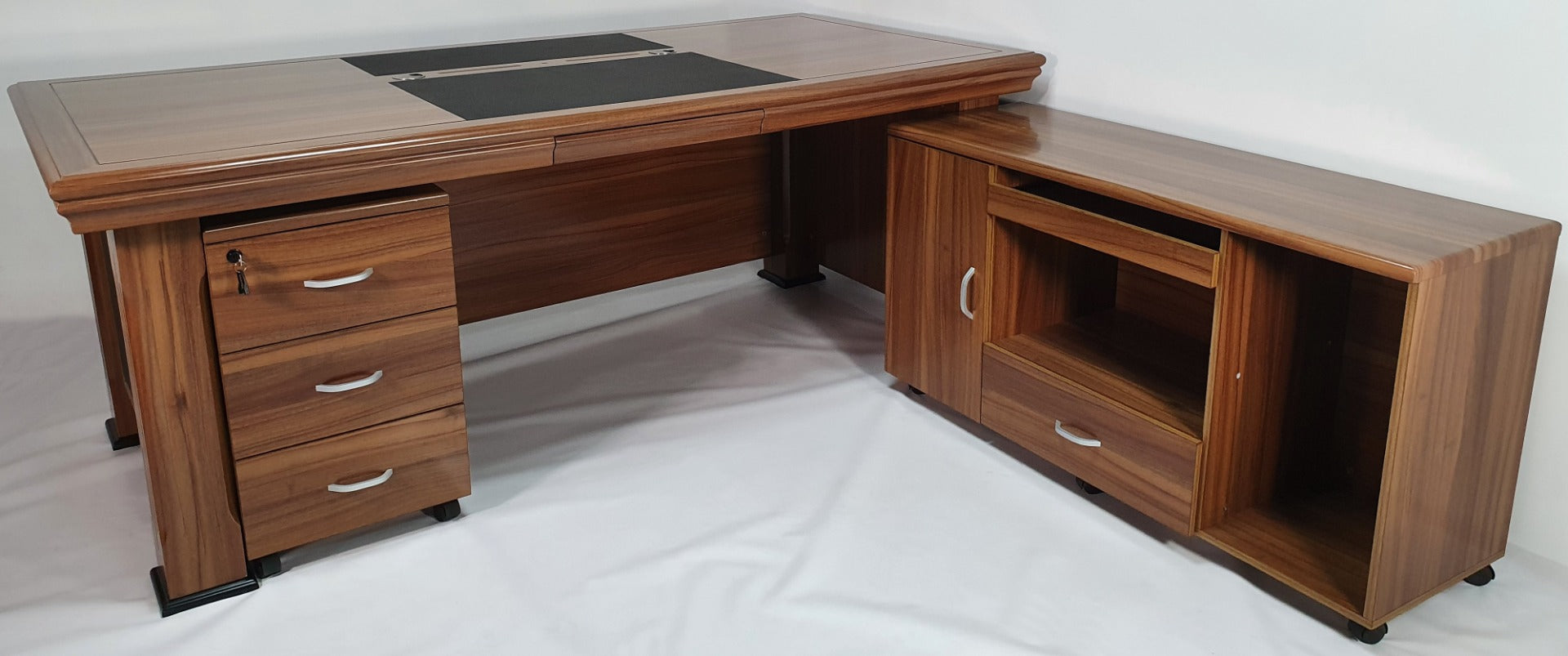 Light Oak Executive Desk With Leather Detailing - With Pedestal and Return - 2233